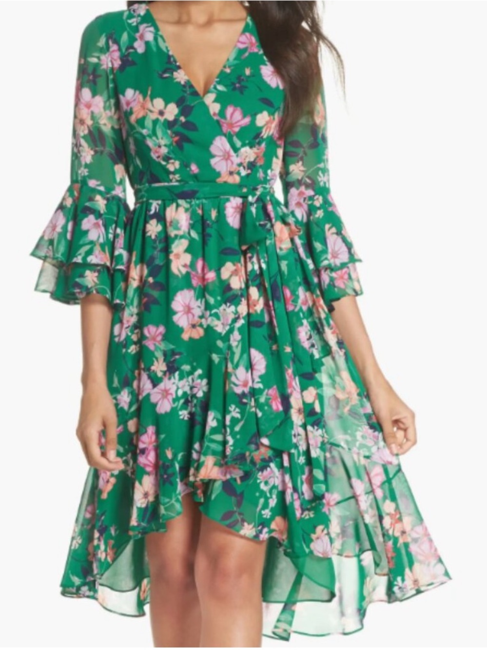 Eliza J Green Floral High-Low Wrap Dress